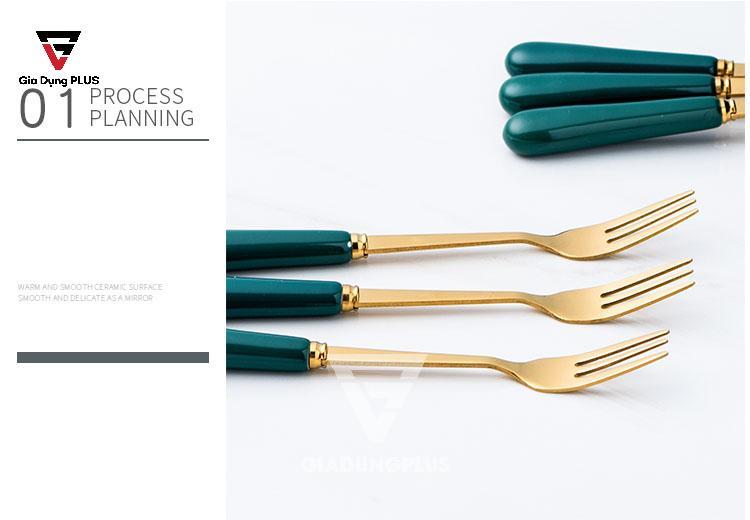 Bộ Ống Đựng Nĩa, Muỗng Bằng Sứ + 6 Nĩa Inox 304 Màu Xanh Lưu Ly QianHuiju | Nĩa được làm từ inox 304, tay cầm bằng sứ