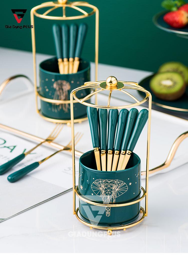 Bộ Ống Đựng Nĩa, Muỗng Bằng Sứ + 6 Nĩa Inox 304 Màu Xanh Lưu Ly QianHuiju | Sang trọng và mang lại sự hiện đại cho ngôi nhà