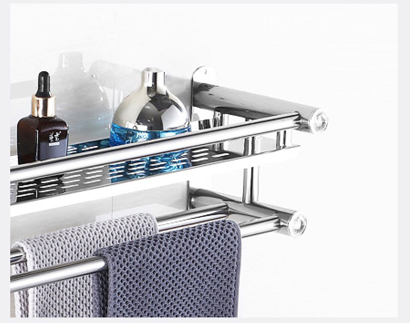 Kệ đựng đồ đa năng inox, kèm thanh treo khăn cho phòng tắm Moyang | Làm từ INOX, màu sáng