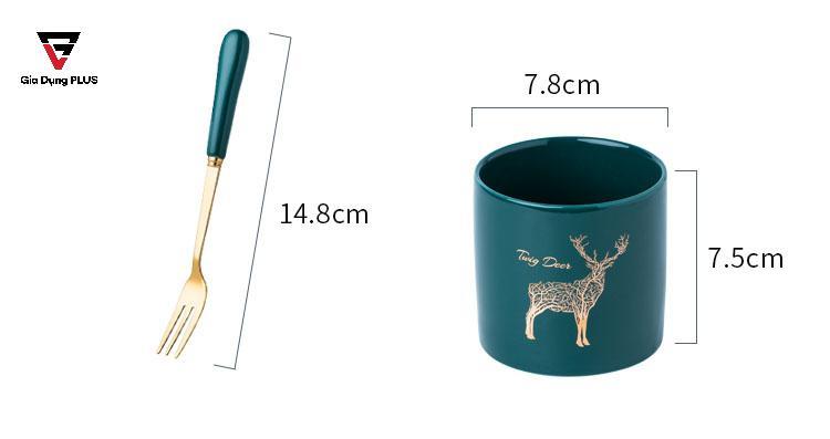 Bộ Ống Đựng Nĩa, Muỗng Bằng Sứ + 6 Nĩa Inox 304 Màu Xanh Lưu Ly QianHuiju | Kích thước của nĩa và ống đũa