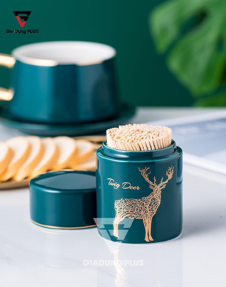 Hộp đựng tăm xỉa răng bằng sứ, xanh ngọc lục Qianhuiju | Trang trí bằng viền vàng & hoạ tiết hươu quý tộc