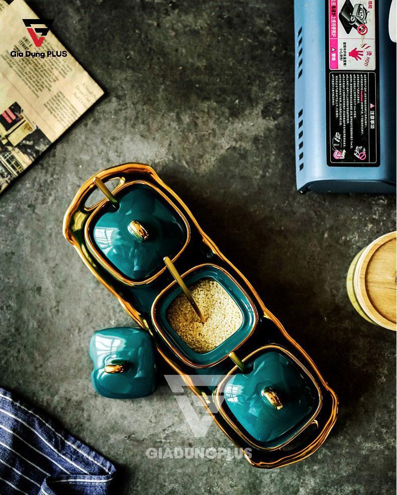Bộ Ba Hũ Gia Vị Sứ Đặt Bàn Cao Cấp - Màu Xanh Ngọc Phỉ Thuý - Gốm Sứ Thủ Công của Baike | 