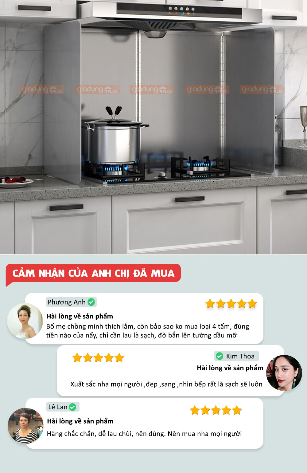Feedback và đánh giá 5 sao của khách cho sản phẩm tấm chắn dầu bắn lên tường nhà bếp bằng inox 304 Lazydo