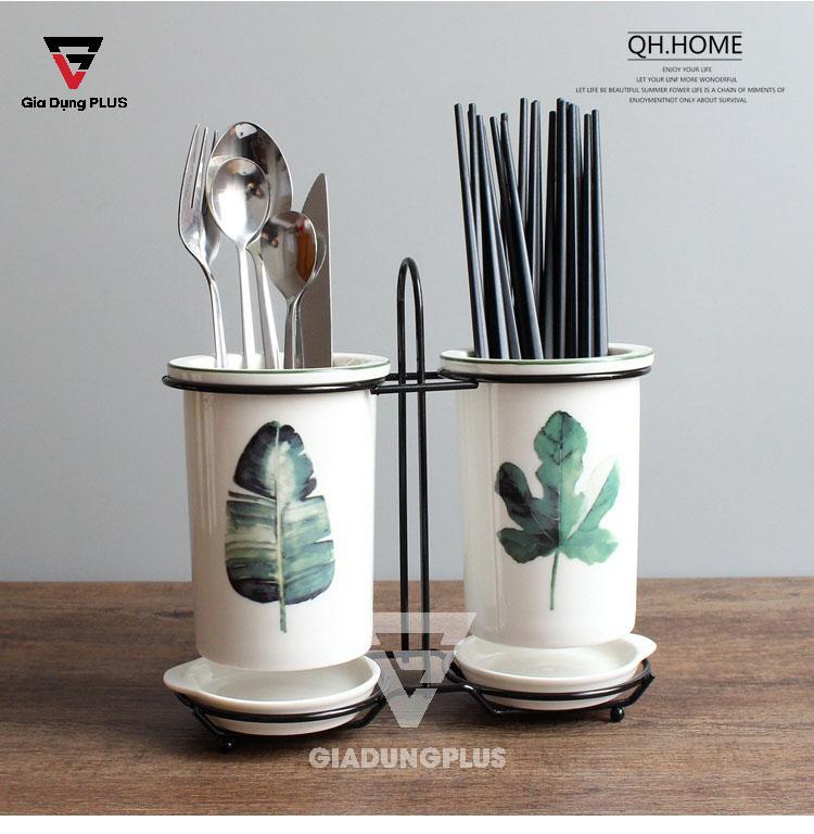 Ống đựng đũa muỗng sứ đặt bàn (màu trắng) Qianhuiju | Bộ lá phong
