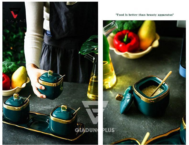 Bộ Ba Hũ Gia Vị Sứ Đặt Bàn Cao Cấp - Màu Xanh Ngọc Phỉ Thuý - Gốm Sứ Thủ Công của Baike | 