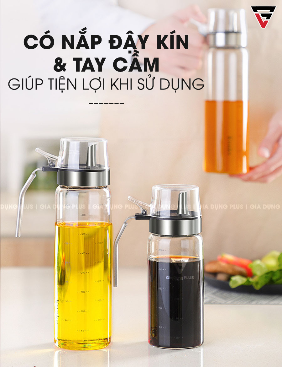 Chai Đựng Dầu Ăn, Nước Mắm Chống Rò Rỉ Thuỷ Tinh KUAKE Có Tay Cầm, Nắp Đậy Kín Giúp Tiện Ích Khi Sử Dụng