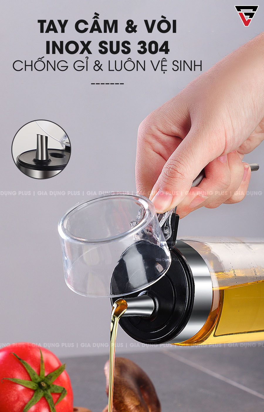 Chai Đựng Dầu Ăn, Nước Mắm Chống Rò Rỉ Thuỷ Tinh KUAKE Có Tay Cầm & Vòi Từ INOX 304 Chống Gỉ & An Toàn Cho Sức Khoẻ