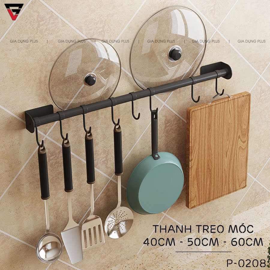 Thanh giá móc treo bếp đa năng dán tường inox 304 Gia Dụng Plus - miễn phí keo dán tường siêu chắc chắn, chịu lực (LZ-0208) - gia dụng plus