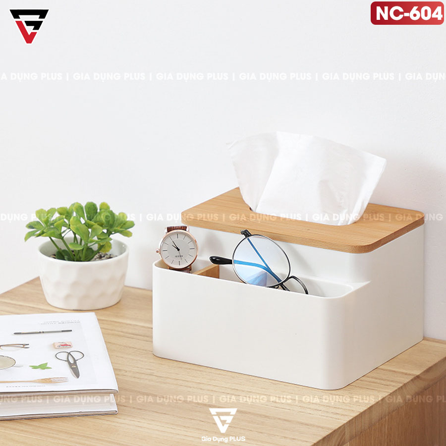 Hộp Đựng Khăn Giấy Đặt Bàn Đa Năng Nhiều Ngăn | Hộp Nhựa PS, Nắp Gỗ | Nacchan - gia dụng plus