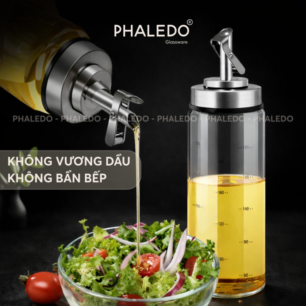 Lọ đựng dầu ăn tự mở nắp thông minh bằng thuỷ tinh boroslicate, vòi inox 304 cao cấp đa năng cho gia đình PHALEDO