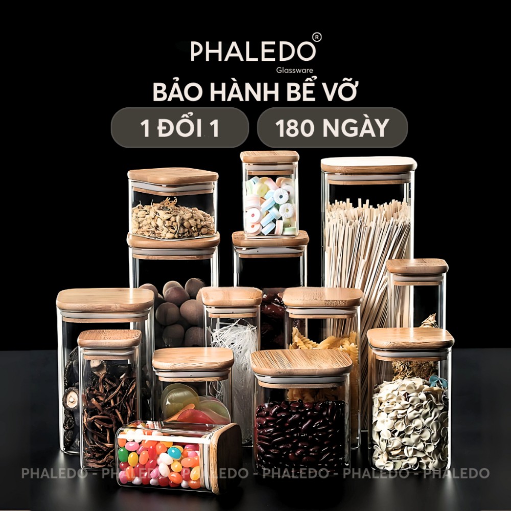 Lọ Thuỷ Tinh Có Nắp Gỗ Tre Borosilicate Chịu Nhiệt, Không Chứa Chì Cao Cấp PHALEDO - Nắp Vuông (PL-0372)
