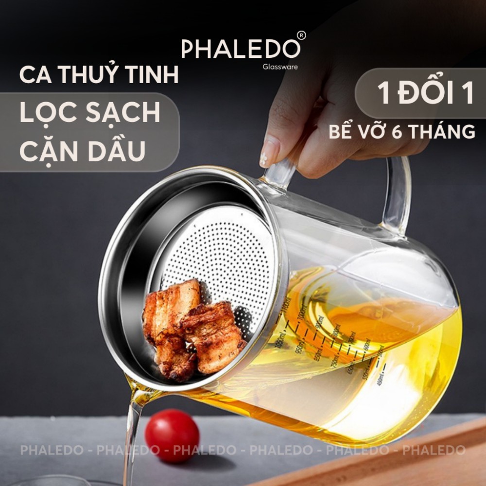 Ca Lọc Dầu Ăn Thuỷ Tinh Borosilicate, Bình Lọc Dầu Ăn Nắp Inox 304 Cao Cấp Dung Tích Lớn (800ML, 1000ML, 1300ML) PHALEDO