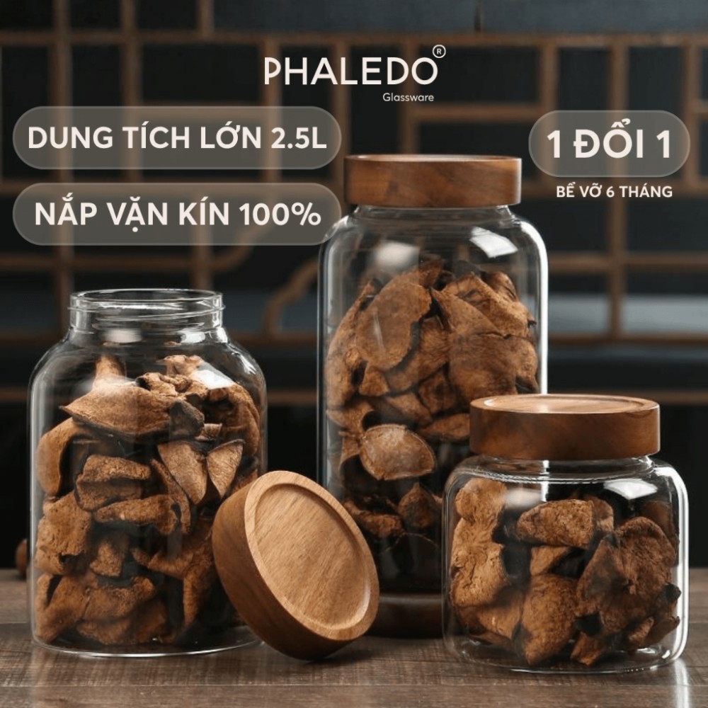 HŨ THỦY TINH BOROSILICATE CỔ CAO XOẮN NẮP GỖ KEO DUNG TÍCH LỚN PHALEDO (PL-0373A)