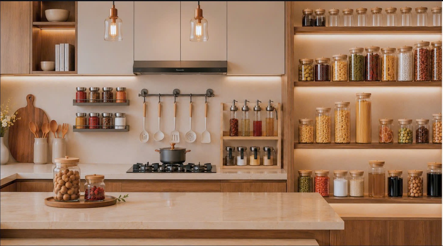 Không gian trưng bày bên trong showroom Gia Dụng Plus — khu bếp và kệ hũ thủy tinh PHALEDO