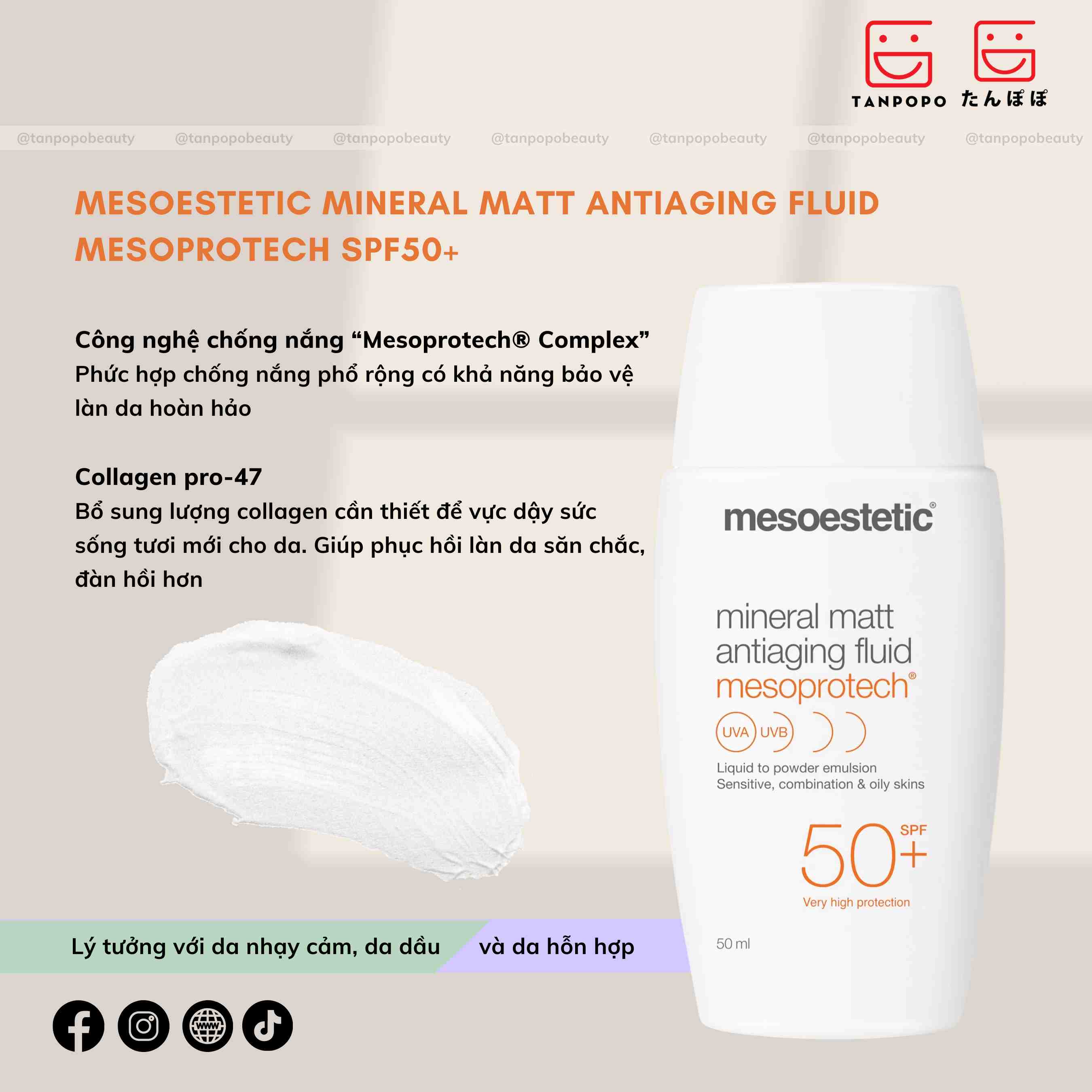 Kem Chống Nắng Mesoestetic Mineral Matt Antiaging Fluid Mesoprotech SPF50+ 50ml