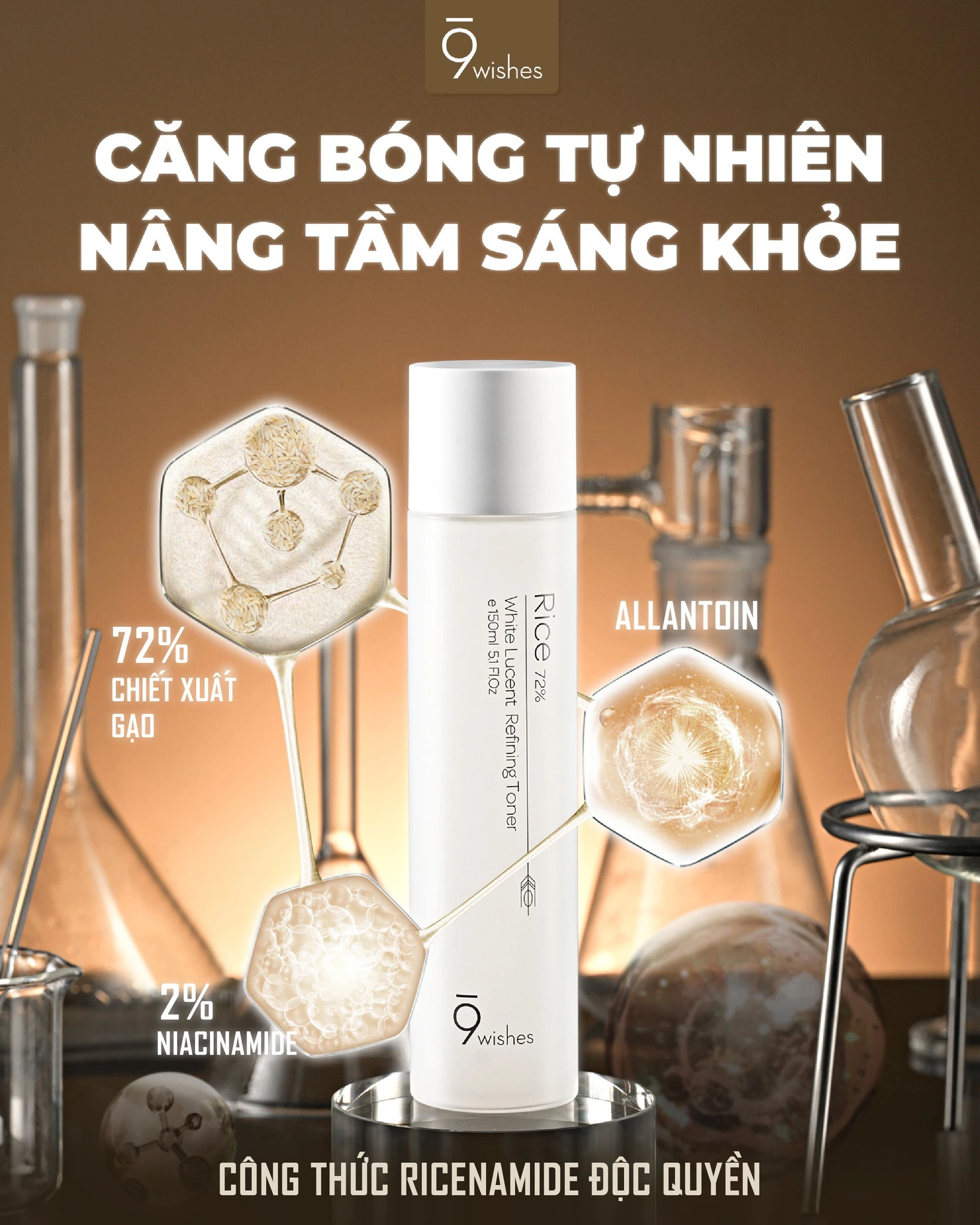 Nước Hoa Hồng Chiết Xuất Gạo Cấp Ẩm & Sáng Da 9Wishes Rice 72% White Lucent Refining 150ml