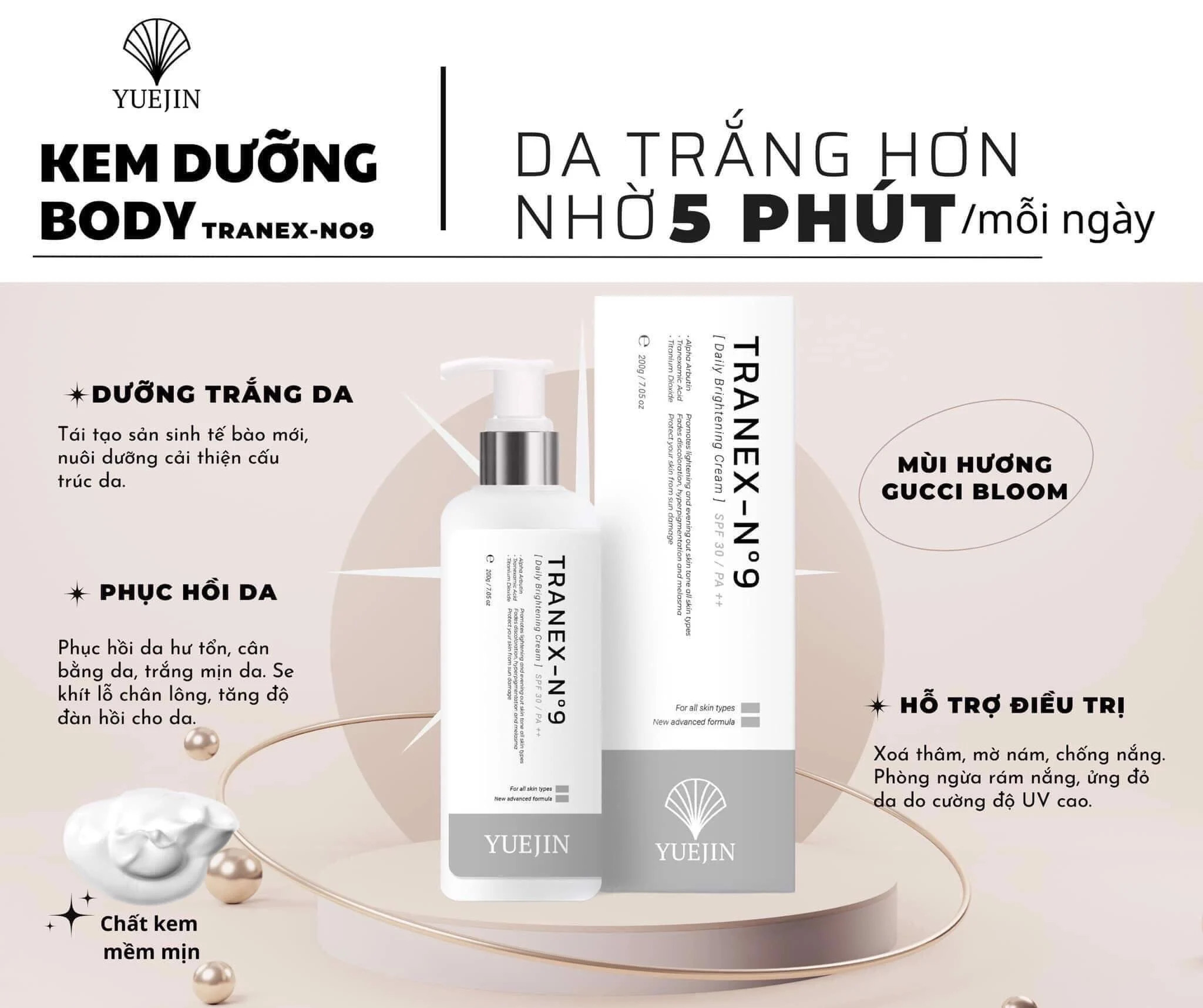 Kem Dưỡng Trắng Da Toàn Thân Tranex-N9 Daily Brightening Cream SPF30+ 200g