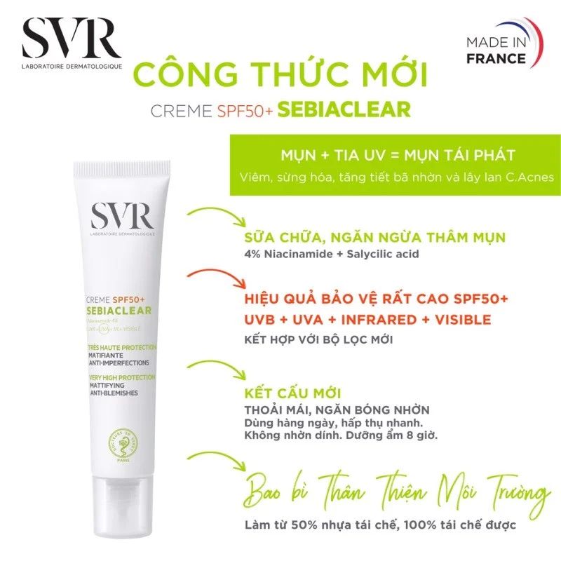 Kem Dưỡng Chống Nắng Cho Da Mụn SVR Sebiaclear Creme SPF50 40ml (Mẫu Mới) [Việt Nữ]