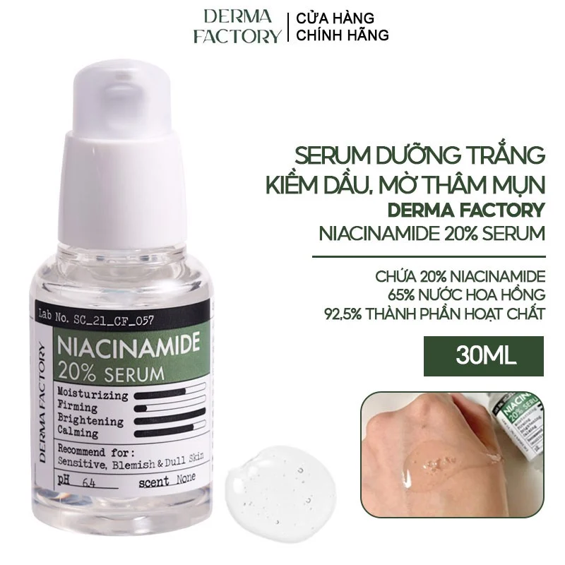 Tinh Chất Dưỡng Trắng Mờ Thâm Da Derma Factory Niacinamide 20% 30ml