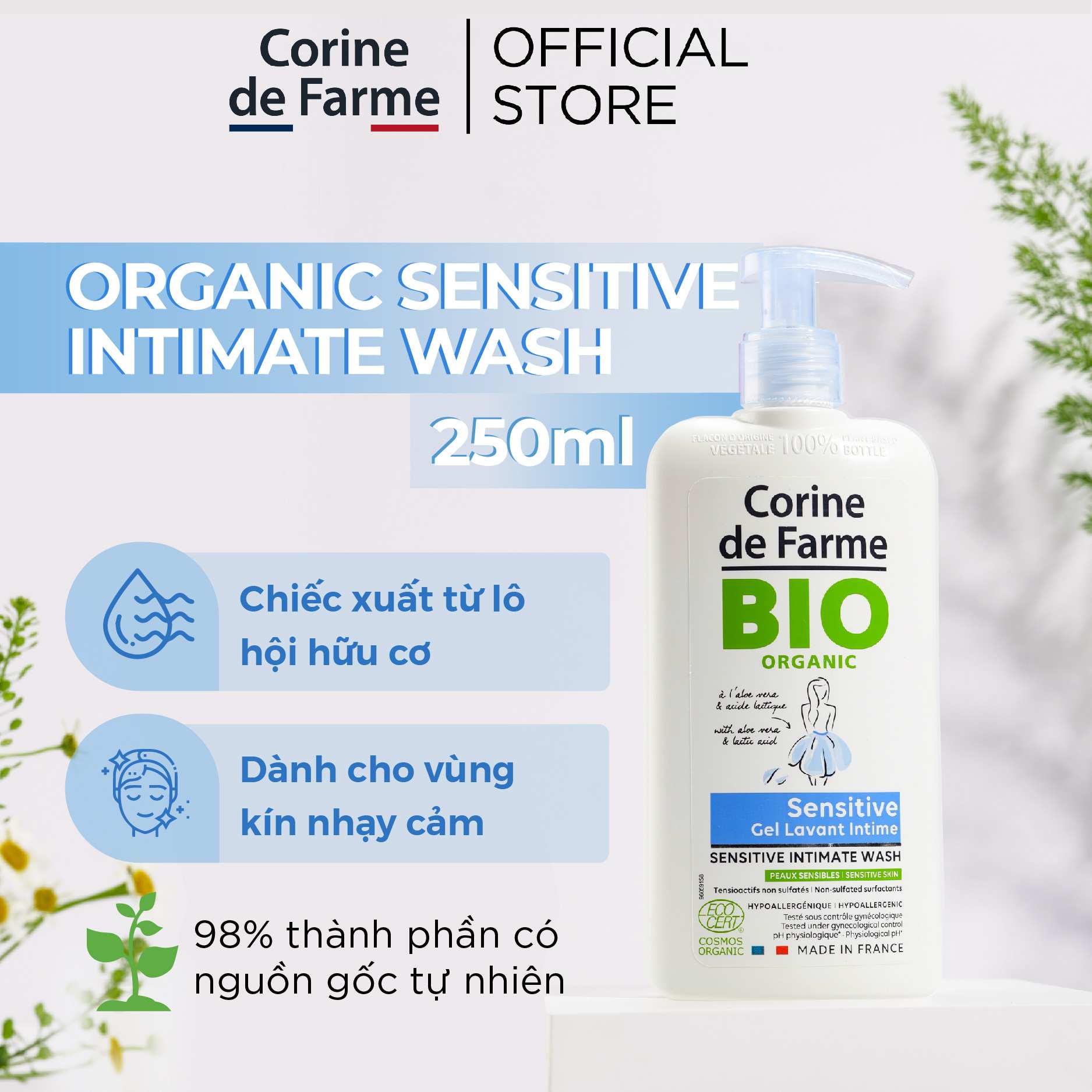 Gel Dung Dịch Vệ Sinh Corine De Farme Bio Organic Sensitive Intimate Wash 250ml