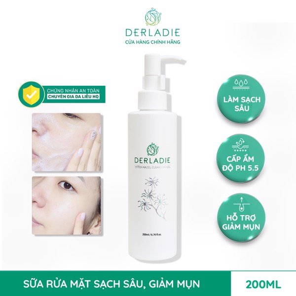 Gel Rửa Mặt Ngừa Mụn Derladie Witch Hazel Cleansing Gel 200ml (Mẫu Mới 2021)