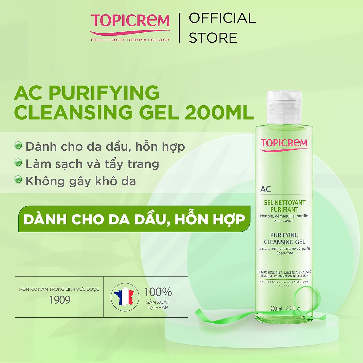 Gel Rửa Mặt Topicrem Không Xà Phòng Cho Da Dầu AC Purifying Cleansing Gel 200ml