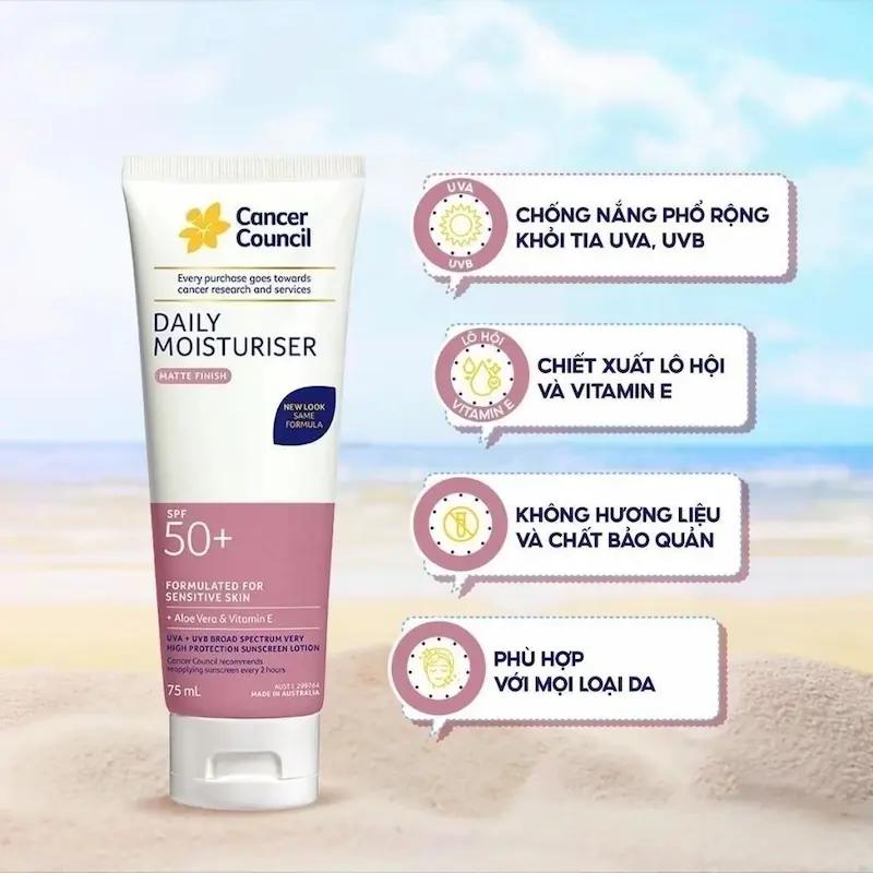 Kem Chống Nắng Cancer Council Daily Moisturiser Matte Finish SPF50+ 75ml