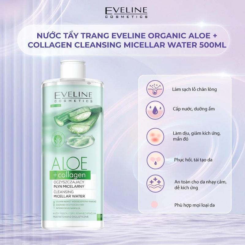 Nước Tẩy Trang Eveline Organic Aloe+Collagen Micellar Water 500ml