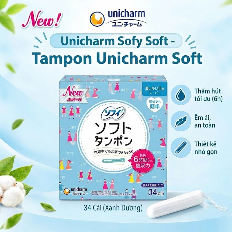 Băng Vệ Sinh Tampon Unicharm Charm Soft 34 Cái (Xanh Dương) 