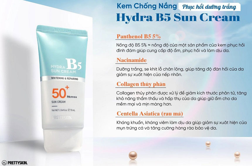 Kem Chống Nắng Phục Hồi Dưỡng Trắng PrettySkin Hydra B5 Sun Cream SPF50+ 70ml