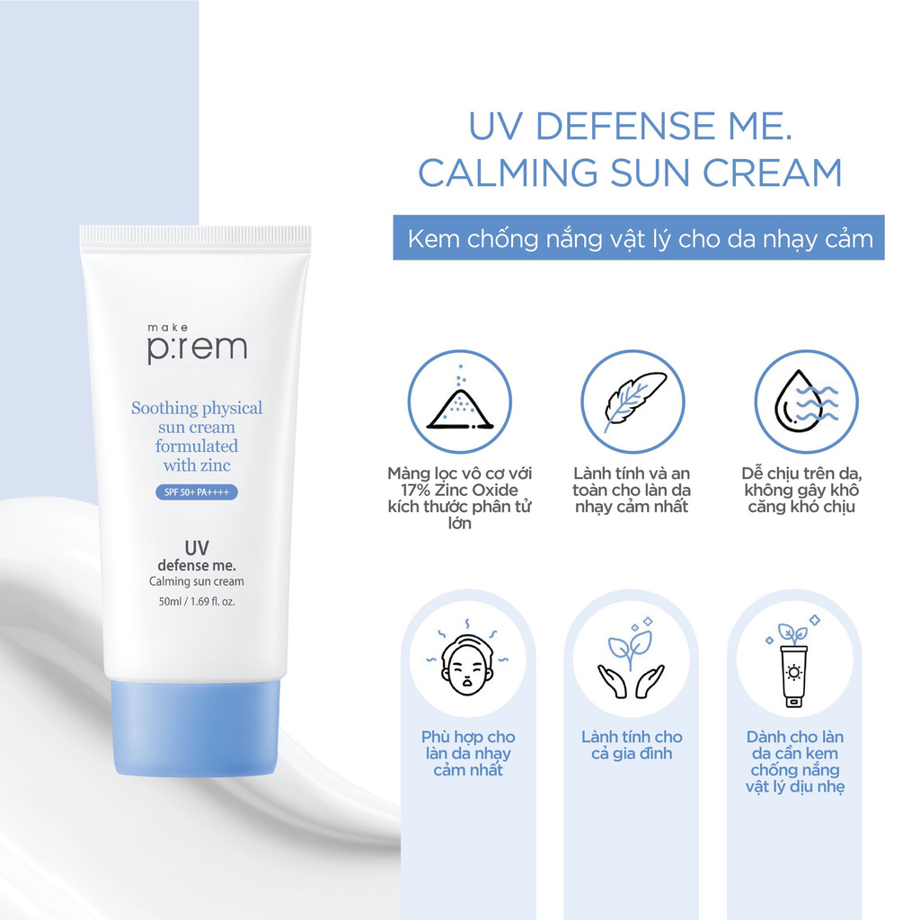 Kem Chống Nắng Vật Lý Dành Cho Da Nhạy Cảm Make P:rem UV Defense Me Calming Sun Cream 50ml