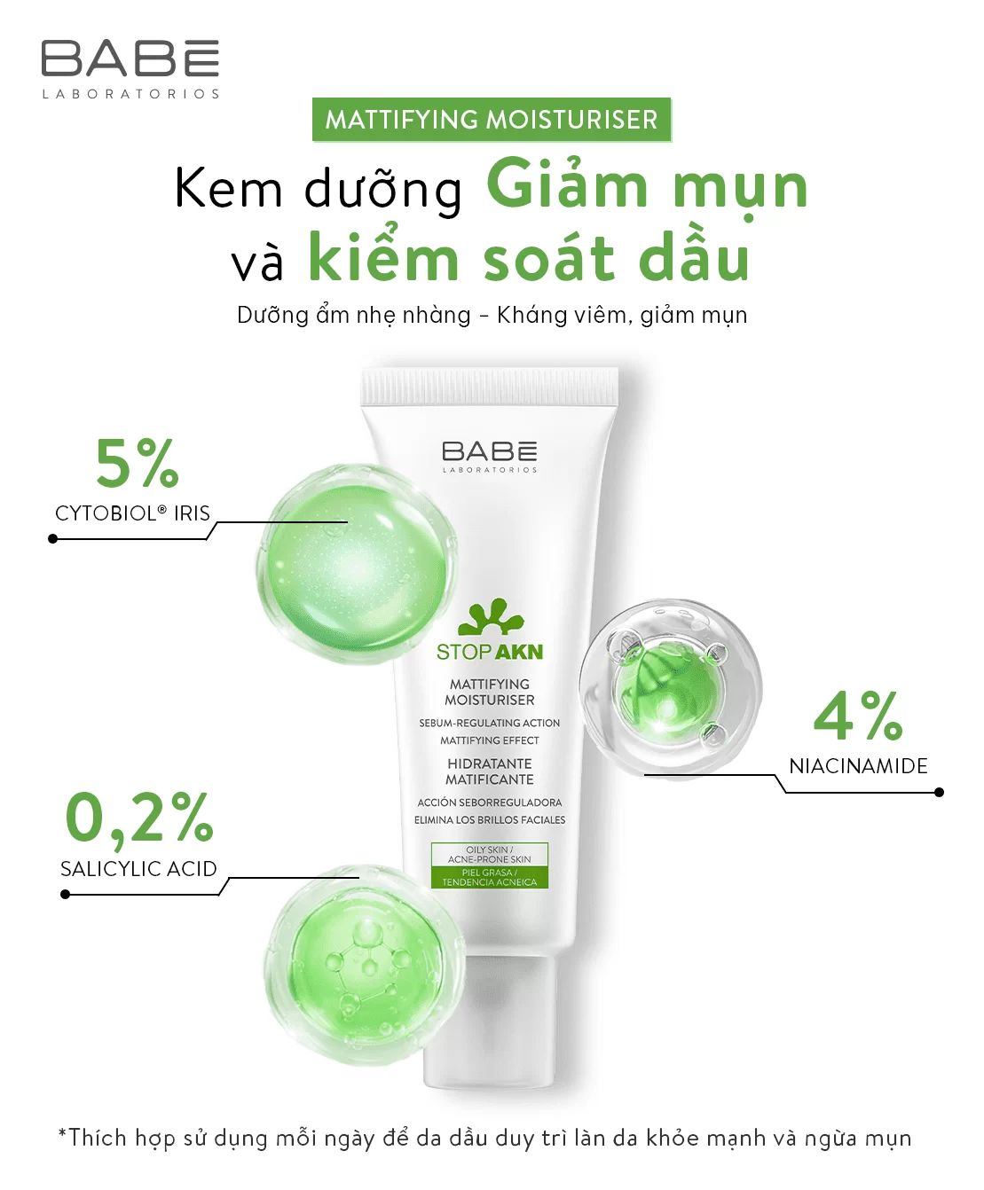 Kem Dưỡng Ẩm Cho Da Dầu Mụn Babe Stop AKN Mattifying Moisturiser 50ml