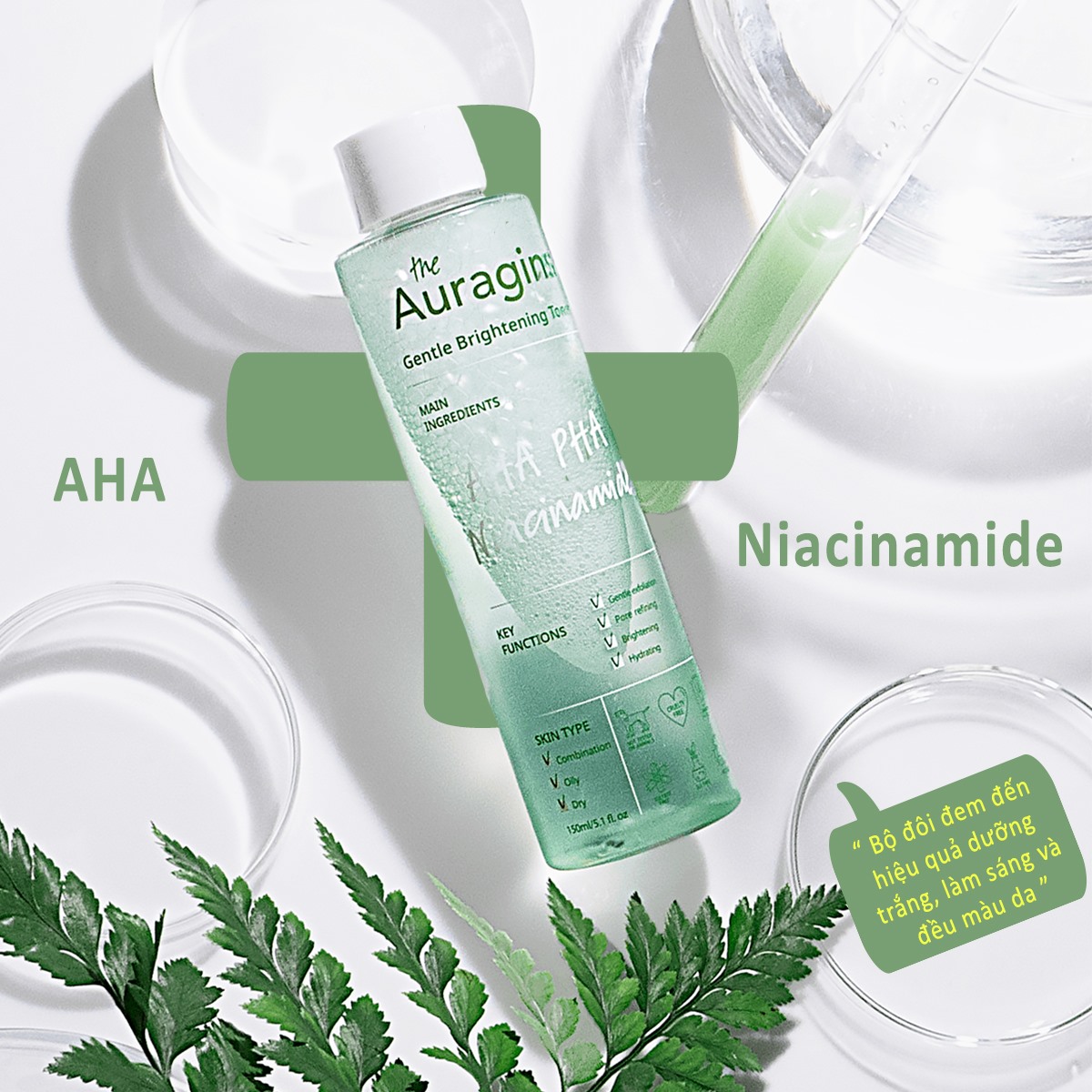 Nước Hoa Hồng The Auragins Sáng Da Ngừa Mụn AHA PHA Niacinamide Gentle Brightening Toner 150ml