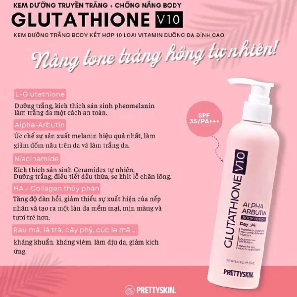 Kem Dưỡng Thể Trắng Da Pretty Skin Glutathione V10 Alpha Arbutin Body Lotion 250ml (Ban Ngày)
