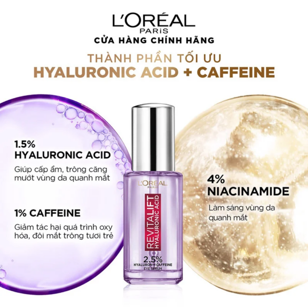 Serum L'Oreal Giảm Bọng Mắt & Làm Đầy Rãnh Nhăn Revitalift 2.5% Hyaluronic Acid + Caffeine Eye 20ml