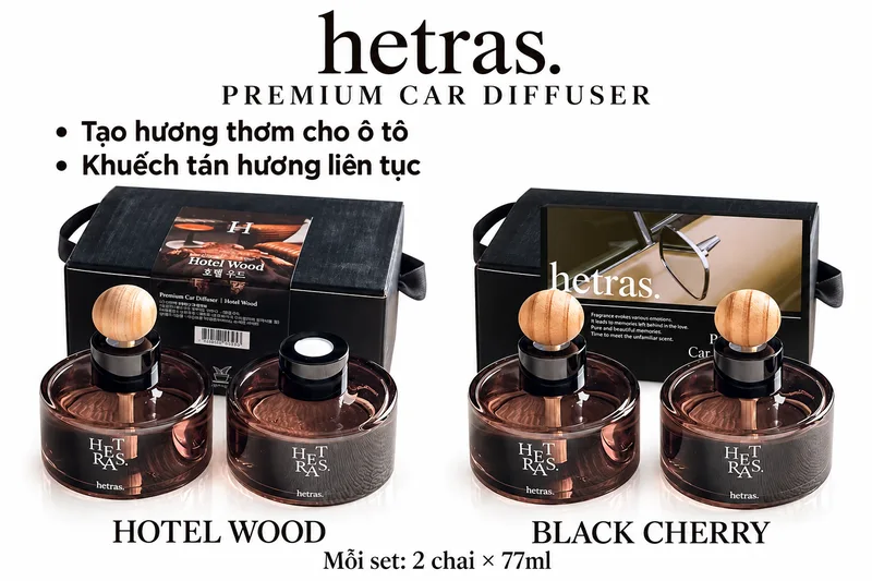 Set tinh dầu nước hoa ô tô Hetras Premium Car Diffuser Hotel Wood và Black Cherry
