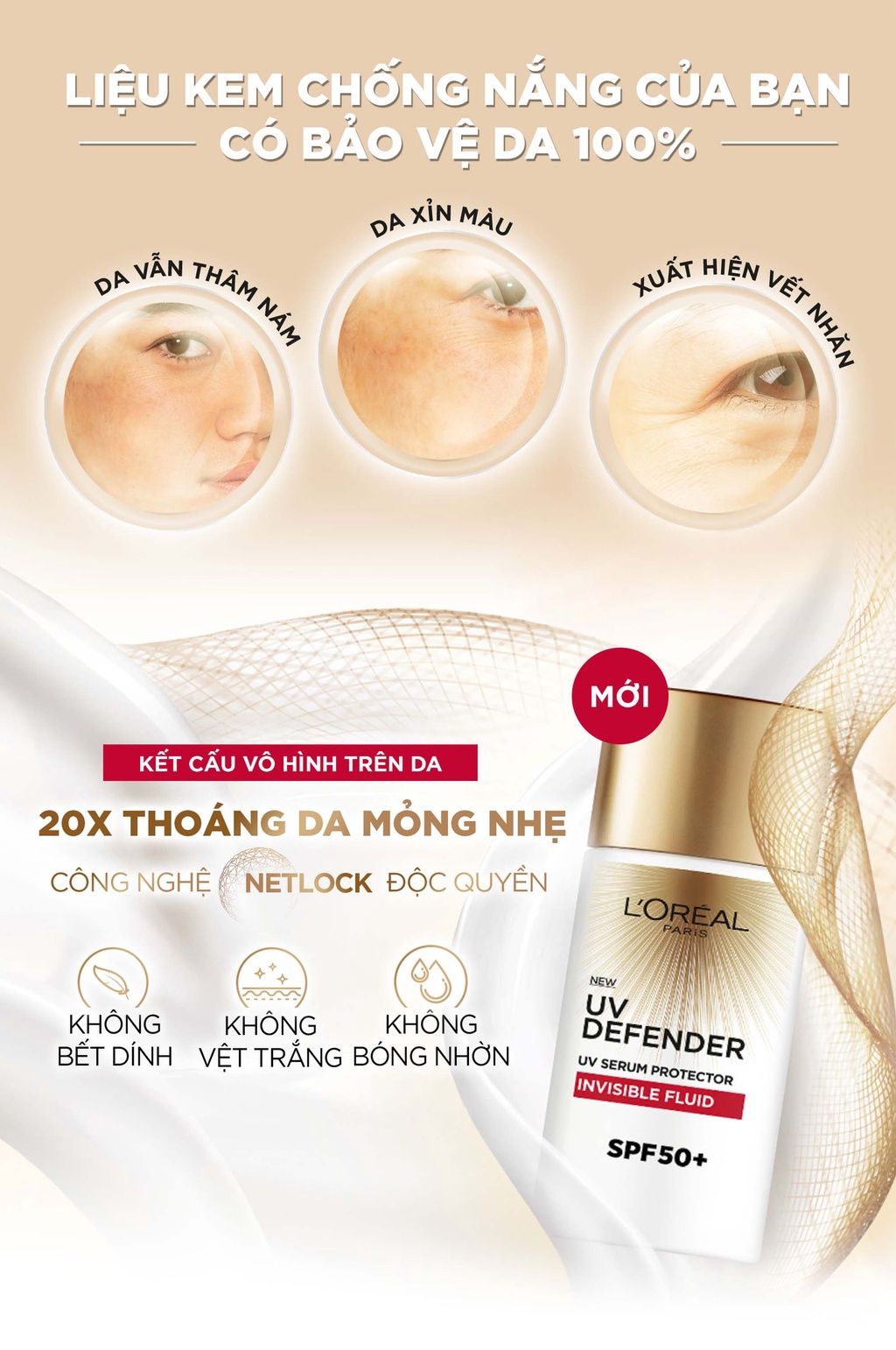 Kem Chống Nắng L’Oreal X20Thoáng Da Mỏng Nhẹ UV Defender Serum Invisible Fluid SPF50+ 50ml