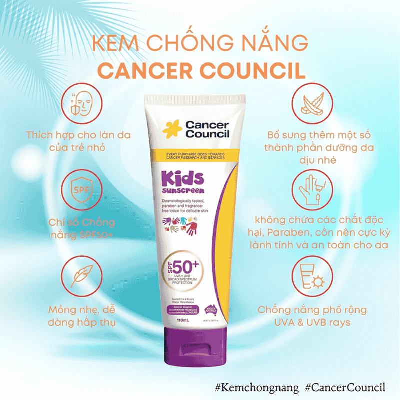 Kem Chống Nắng Cho Trẻ Em Cancer Council Kids Sunscreen SPF50+ 110ml