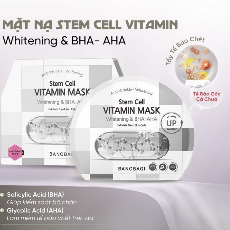 Mặt Nạ Giấy Banobagi Stem Cell Vitamin Mask Whitening & BHA-AHA 30g (Nhập Khẩu)
