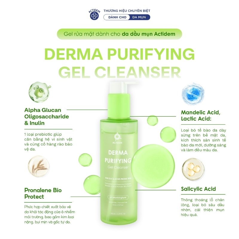 Gel Rửa Mặt Cho Da Dầu Mụn Actidem Derma Purifying Gel Cleanser 200ml