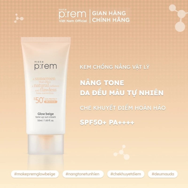 Kem Chống Nắng Nâng Tone Make P:rem Glow Beige Tone Up Sun Cream SPF50+ PA++++ 50m