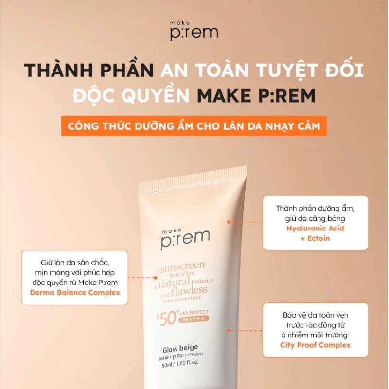 Kem Chống Nắng Nâng Tone Make P:rem Glow Beige Tone Up Sun Cream SPF50+ PA++++ 50m