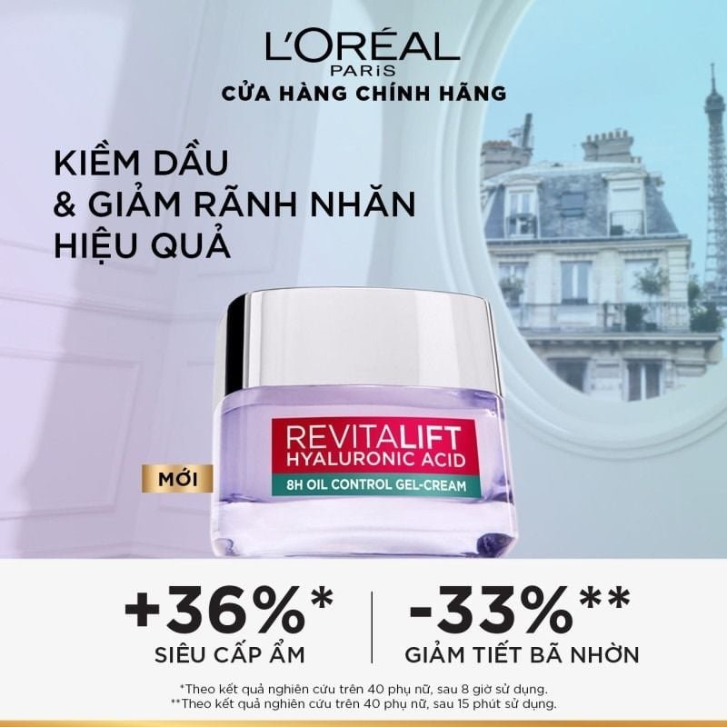 Kem Dưỡng Cấp Ẩm Kiềm Dầu,Giảm Bóng Nhờn L'Oreal Revitalift Hyaluronic Acid 8H Oil Control 50ml