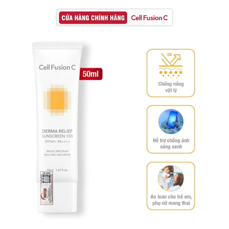 Kem Chống Nắng Cell Fusion C An Toàn Cho Mẹ Bầu & Em Bé Derma Relief Suncreen 100 SPF50 50ml (Mẫu Mới)