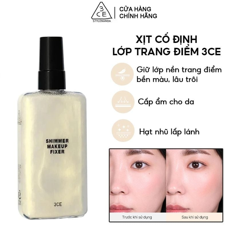 Xịt Khoáng Khóa Nền Trang Điểm 3CE Shimmer Makeup Fixer Mist 80ml (Trắng)