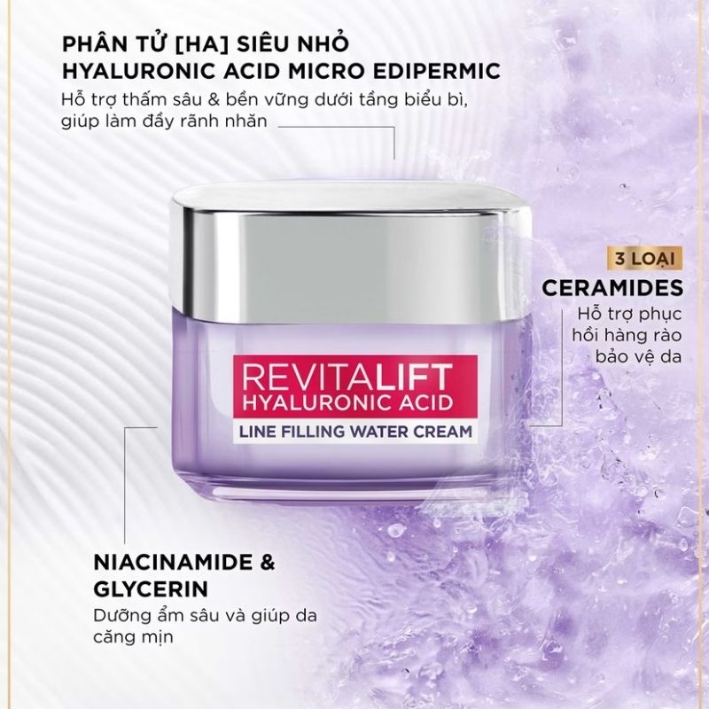 Kem Dưỡng Da L'Oreal Paris Revitalift Hyaluronic Acid Line Filling Water Cream Siêu Cấp Ẩm, Căng Mịn Da
