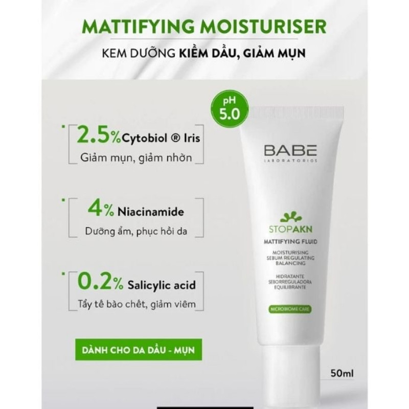 Kem Dưỡng Ẩm Cho Da Dầu Mụn Babe Stop AKN Mattifying Fluid 50ml