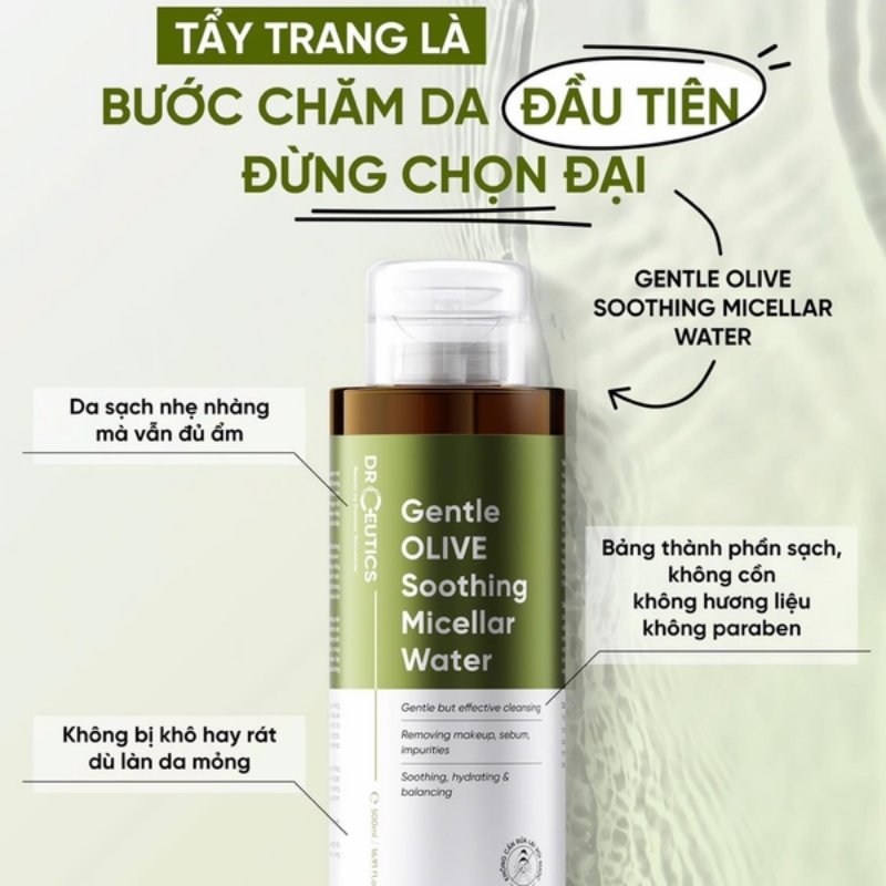 Nước Tẩy Trang Làm Sạch Sâu, Dưỡng Ẩm DrCeutics Gentle Olive Soothing Micellar Water 500ml