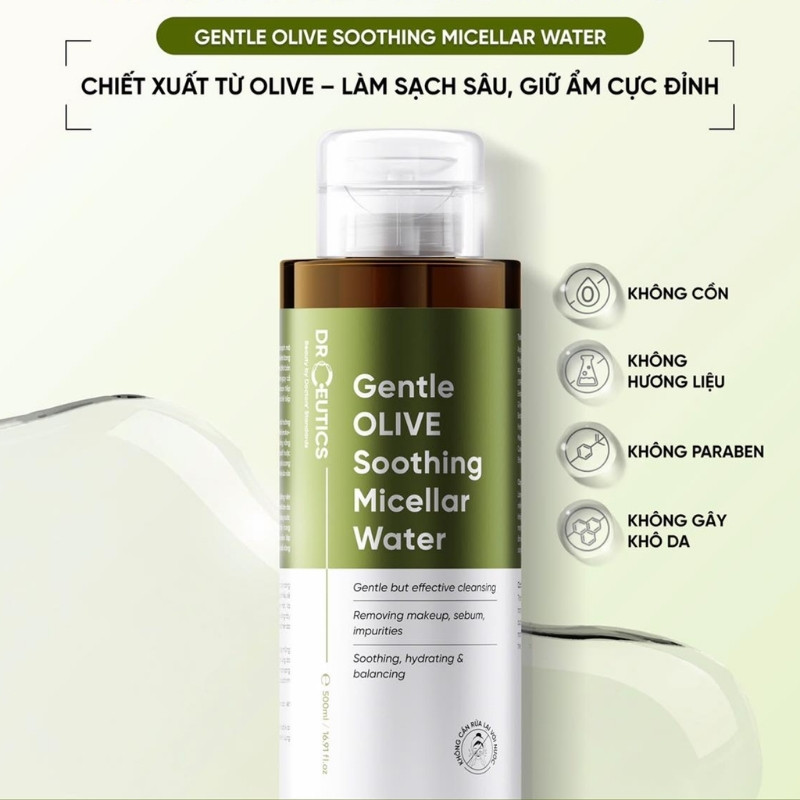 Nước Tẩy Trang Làm Sạch Sâu, Dưỡng Ẩm DrCeutics Gentle Olive Soothing Micellar Water 500ml