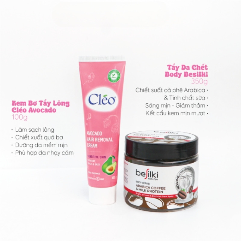 Set Kem Tẩy Lông Dành Cho Da Nhạy Cảm Cleo (Hồng) 100g + Tẩy Tế Bào Chết Besilki Muối Tre & Chiết Xuất Bơ 350g